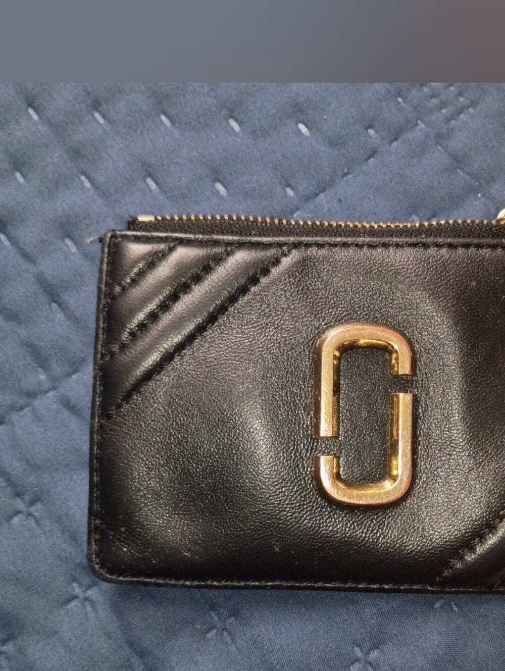 Marc Jacobs Black Leather Zip Card Wallet with Gold Logo